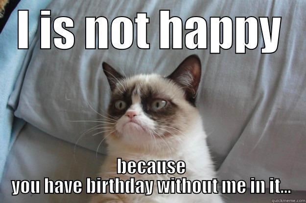 I IS NOT HAPPY BECAUSE YOU HAVE BIRTHDAY WITHOUT ME IN IT... Grumpy Cat