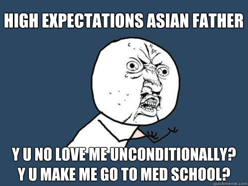 high expectations asian father y u no love me unconditionally?
y u make me go to med school?  Y U No