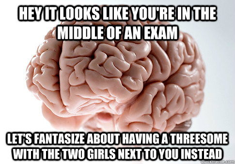 Hey it looks like you're in the middle of an exam Let's fantasize about having a threesome with the two girls next to you instead  Scumbag Brain