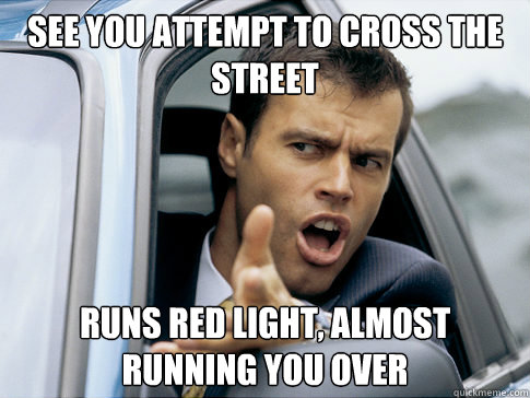 See you attempt to cross the street runs red light, almost running you over  Asshole driver