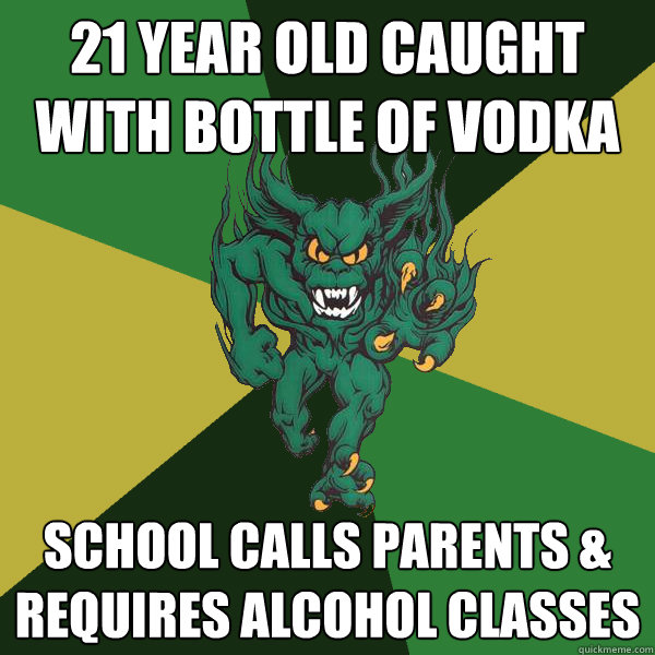 21 year old caught with bottle of vodka school calls parents & requires alcohol classes  Green Terror