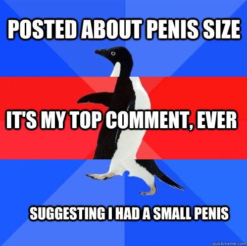 Posted about penis size it's my top comment, ever Suggesting I had a small penis  Socially Awkward Awesome Awkward Penguin