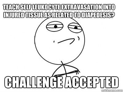 teach self leukocyte extravasation into injured tissue as related to diapedesis?
 Challenge Accepted  Challenge Accepted
