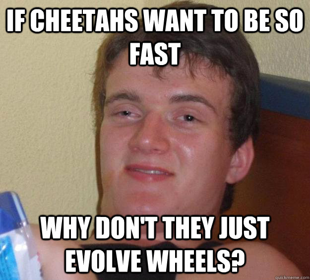 If cheetahs want to be so fast why don't they just evolve wheels?  10 Guy