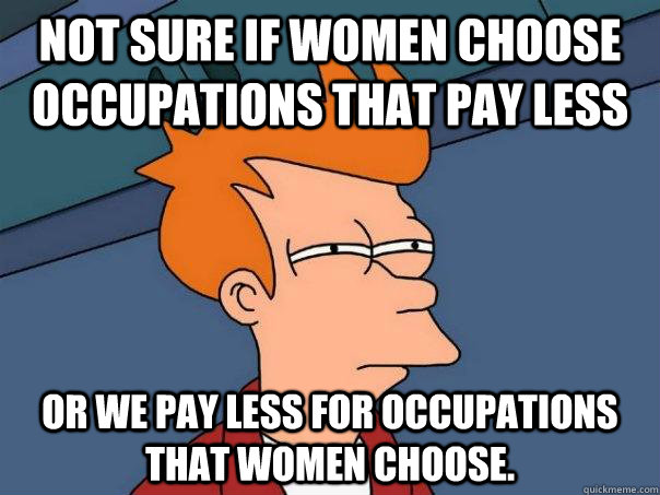 Not sure if women choose occupations that pay less Or we pay less for occupations that women choose.  Futurama Fry