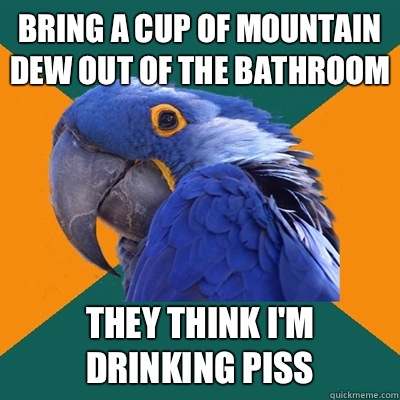 Bring a cup of Mountain Dew out of the bathroom  They think I'm drinking piss  Paranoid Parrot