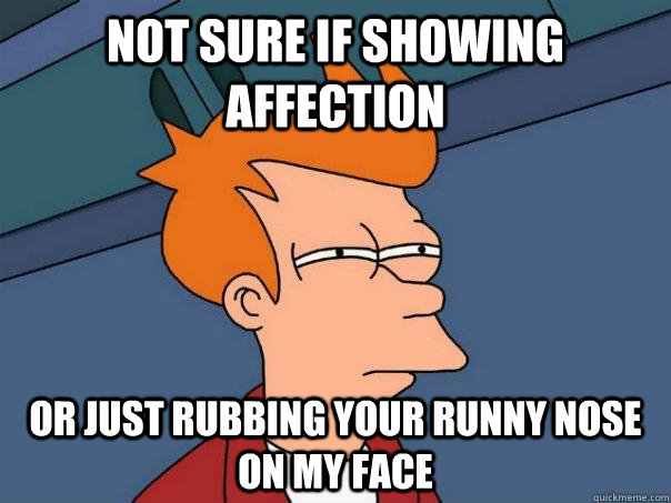 Not sure if showing affection or just rubbing your runny nose on my face  Futurama Fry