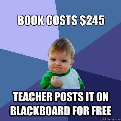Book costs $245 Teacher posts it on Blackboard for free  Success Kid