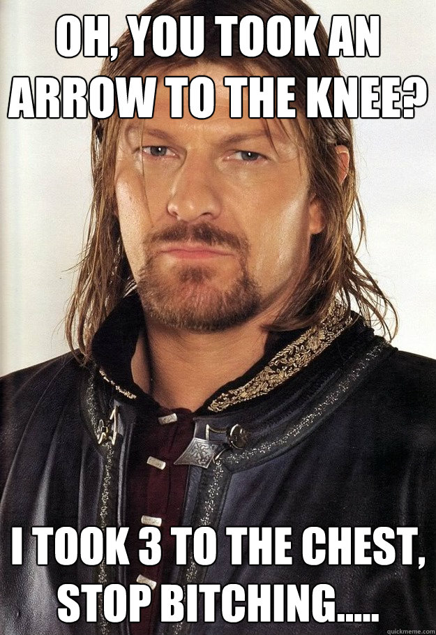 oh, You took an arrow to the knee? i took 3 to the chest, stop bitching..... - oh, You took an arrow to the knee? i took 3 to the chest, stop bitching.....  unimpressed Boromir