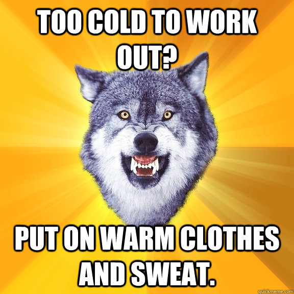 Too cold to work out? Put on warm clothes and sweat.  Courage Wolf
