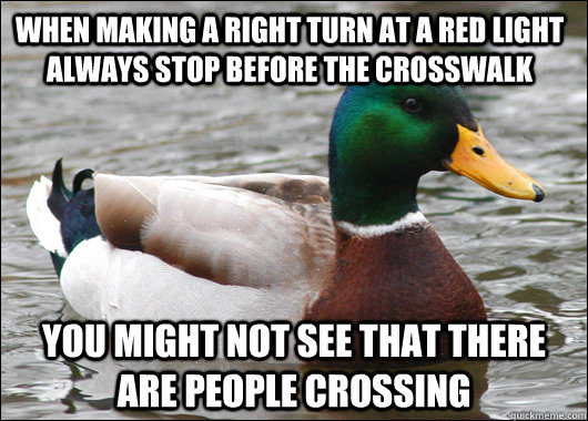 When making a right turn at a red light always stop before the crosswalk you might not see that there are people crossing  Actual Advice Mallard
