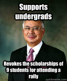 Supports undergrads  Revokes the scholarships of 9 students for attending a rally  