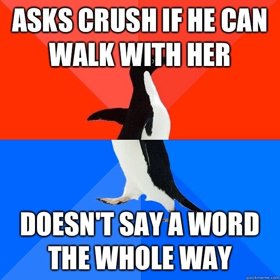 asks crush if he can walk with her Doesn't say a word the whole way  Socially Awesome Awkward Penguin