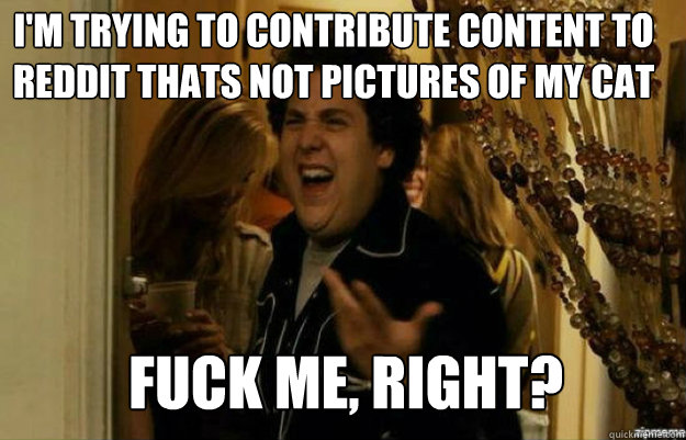 I'm trying to contribute content to reddit thats not pictures of my cat FUCK ME, RIGHT?  fuck me right