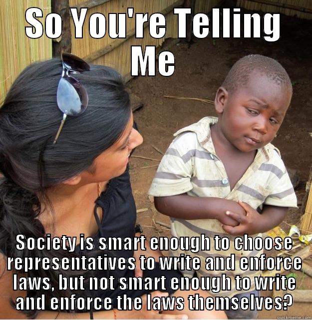 SO YOU'RE TELLING ME SOCIETY IS SMART ENOUGH TO CHOOSE REPRESENTATIVES TO WRITE AND ENFORCE LAWS, BUT NOT SMART ENOUGH TO WRITE AND ENFORCE THE LAWS THEMSELVES? Skeptical Third World Kid