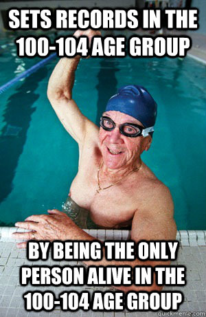 Sets records in the 100-104 age group by being the only person alive in the 100-104 age group  Upper Age Group Swimmer