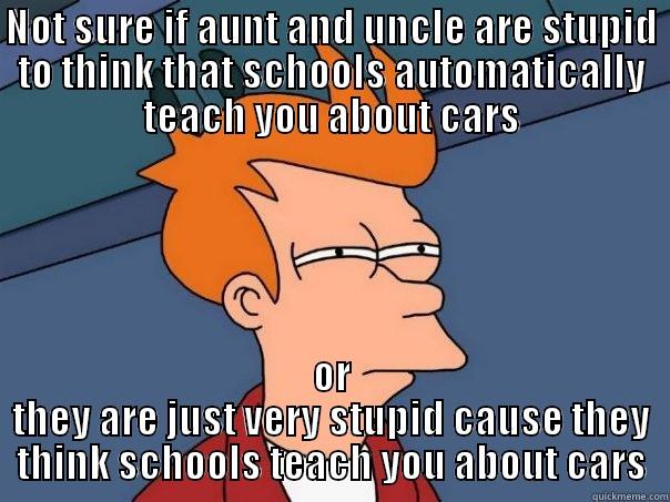 NOT SURE IF AUNT AND UNCLE ARE STUPID TO THINK THAT SCHOOLS AUTOMATICALLY TEACH YOU ABOUT CARS OR THEY ARE JUST VERY STUPID CAUSE THEY THINK SCHOOLS TEACH YOU ABOUT CARS Futurama Fry