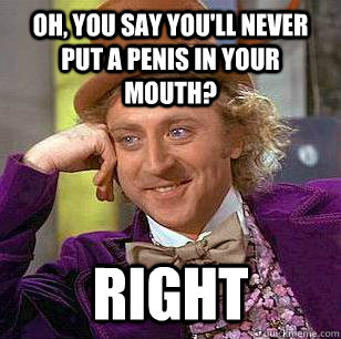 Oh, you say you'll never put a penis in your mouth? right  Condescending Wonka