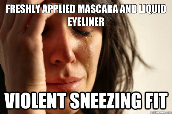 Freshly applied mascara and liquid eyeliner Violent sneezing fit - Freshly applied mascara and liquid eyeliner Violent sneezing fit  First World Problems