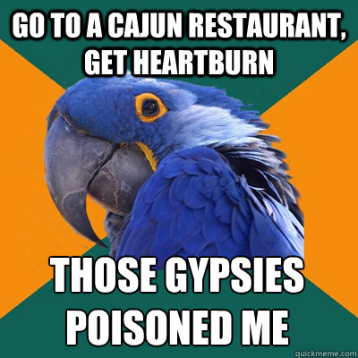 go to a Cajun restaurant, get heartburn     those gypsies poisoned me  Paranoid Parrot