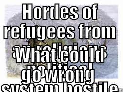 HORDES OF REFUGEES FROM AN RELIGIOUS POLITICAL SYSTEM HOSTILE TO YOUR CULTURE UNGRATEFUL FOR YOUR HELP   WHAT COULD GO WRONG  Misc