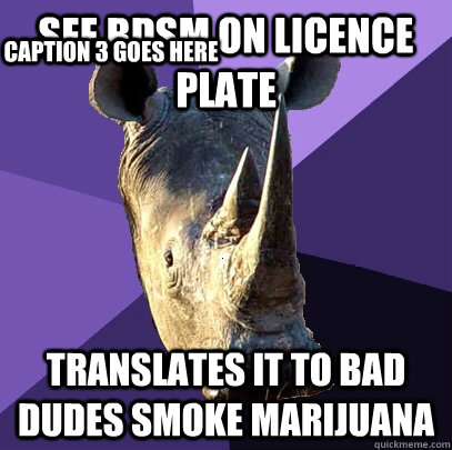 see bdsm on licence plate translates it to bad dudes smoke marijuana Caption 3 goes here  Sexually Oblivious Rhino