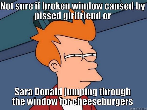 NOT SURE IF BROKEN WINDOW CAUSED BY PISSED GIRLFRIEND OR SARA DONALD JUMPING THROUGH THE WINDOW FOR CHEESEBURGERS Futurama Fry