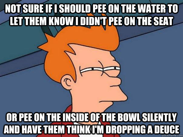 Not sure if I should pee on the water to let them know I didn't pee on the seat Or pee on the inside of the bowl silently and have them think I'm dropping a deuce  Futurama Fry