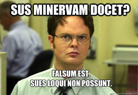 sus Minervam docet? Falsum est.  
Sues loqui non possunt. - sus Minervam docet? Falsum est.  
Sues loqui non possunt.  Schrute