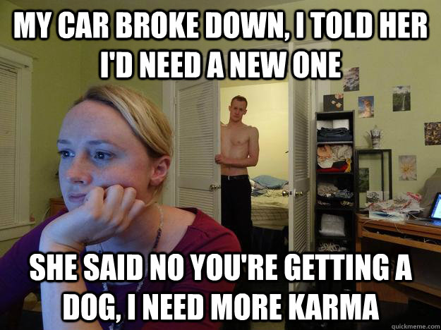 my car broke down, i told her i'd need a new one she said no you're getting a dog, i need more karma  