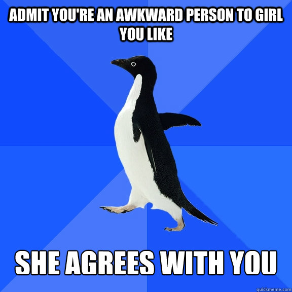 Admit you're an awkward person to girl you like   she agrees with you  Socially Awkward Penguin