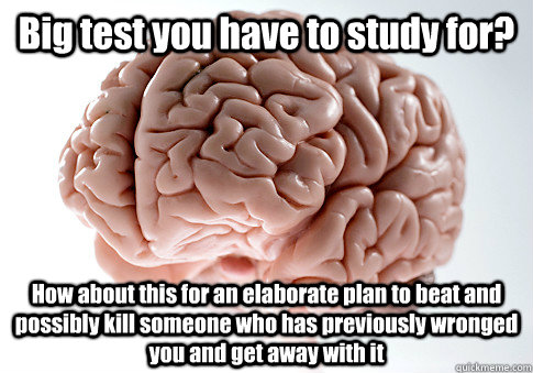 Big test you have to study for? How about this for an elaborate plan to beat and possibly kill someone who has previously wronged you and get away with it   Scumbag Brain