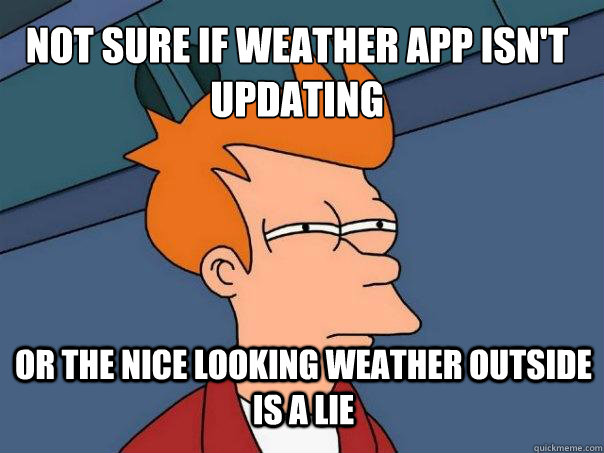 Not sure if weather app isn't updating or the nice looking weather outside is a lie  Futurama Fry