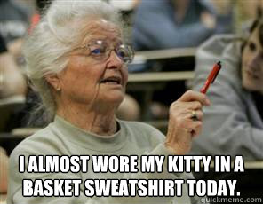  I almost wore my kitty in a basket sweatshirt today.  Senior College Student