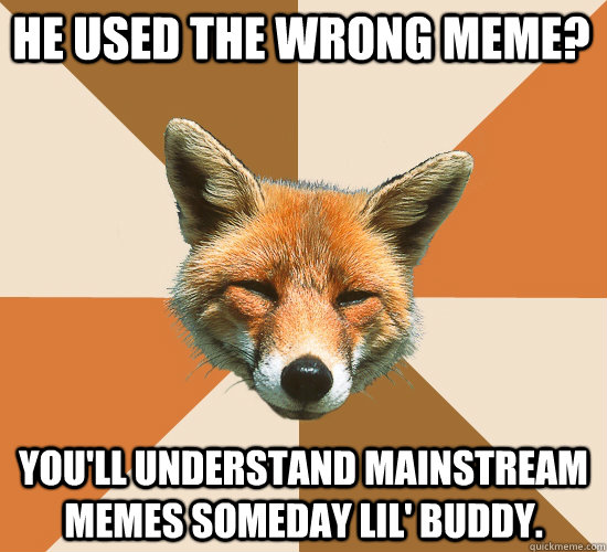 He used the wrong meme? You'll understand mainstream memes someday lil' buddy.  Condescending Fox