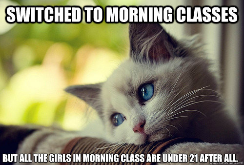 switched to morning classes but all the girls in morning class are under 21 after all.  First World Problems Cat