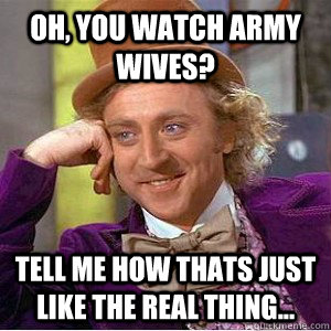 Oh, you watch Army Wives? Tell me how thats just like the real thing...  Academic wonka