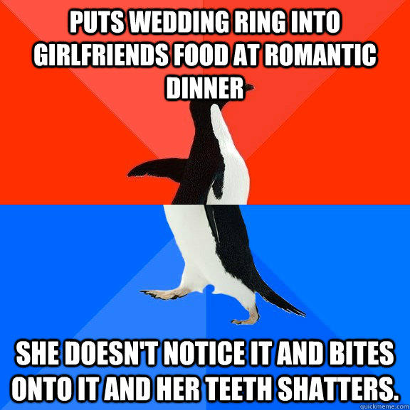 Puts wedding ring into girlfriends food at romantic dinner she doesn't notice it and bites onto it and her teeth shatters.   Socially Awesome Awkward Penguin