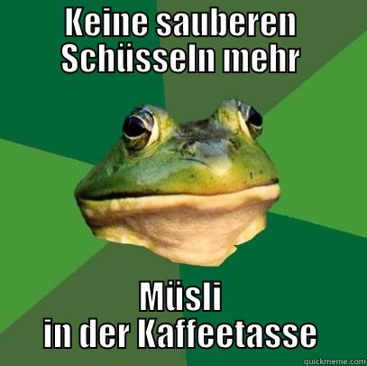 KEINE SAUBEREN SCHÜSSELN MEHR MÜSLI IN DER KAFFEETASSE Foul Bachelor Frog