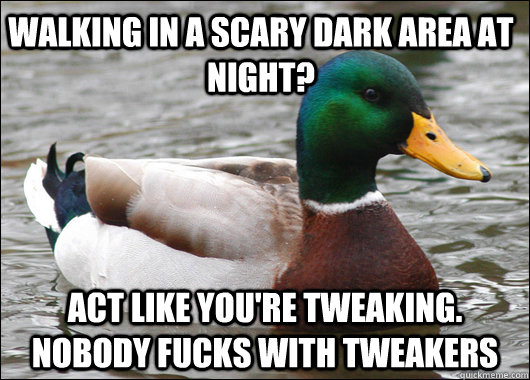 Walking in a scary dark area at night? act like you're tweaking. nobody fucks with tweakers - Walking in a scary dark area at night? act like you're tweaking. nobody fucks with tweakers  Actual Advice Mallard