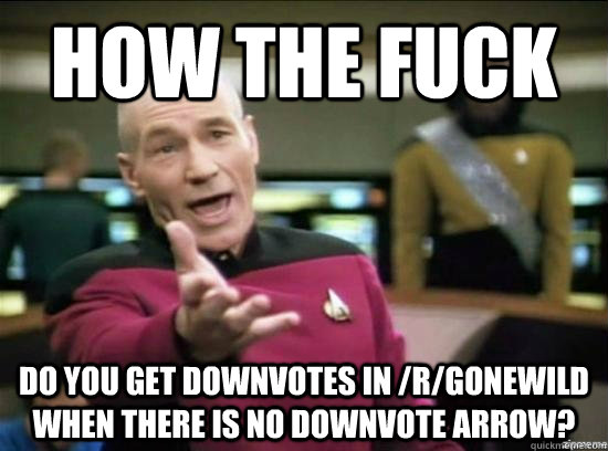 how the fuck do you get downvotes in /r/gonewild when there is no downvote arrow?  Annoyed Picard HD