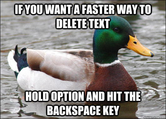 if you want a faster way to delete text  hold option and hit the backspace key  Actual Advice Mallard