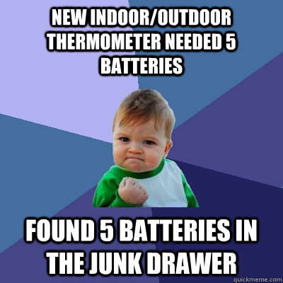 new indoor/outdoor thermometer needed 5 batteries found 5 batteries in the junk drawer  Success Kid