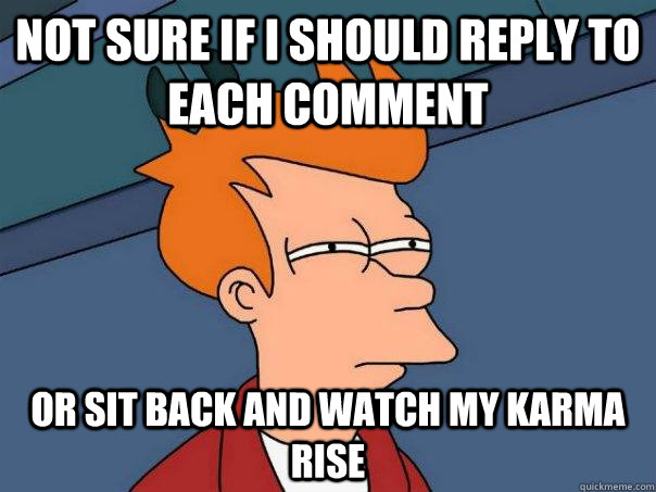 Not sure if i should reply to each comment Or sit back and watch my karma rise  Futurama Fry