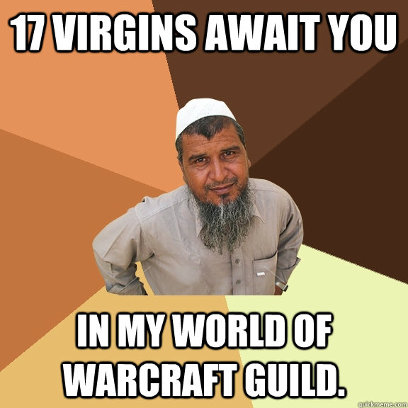17 virgins await you in my world of warcraft guild.   Ordinary Muslim Man