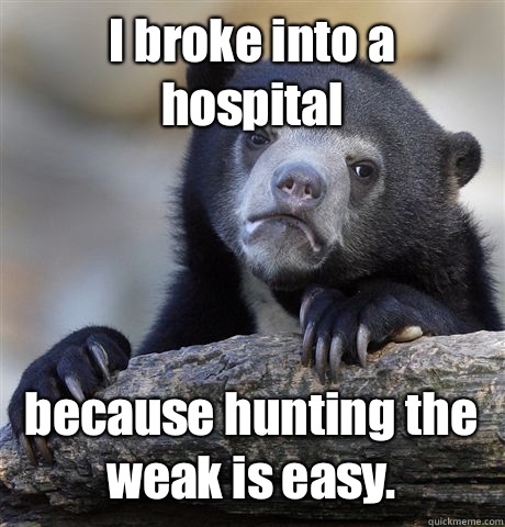 I broke into a hospital because hunting the weak is easy.  Confession Bear