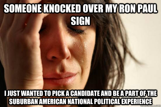 Someone knocked over my Ron Paul sign I just wanted to pick a candidate and be a part of the suburban American national political experience   First World Problems