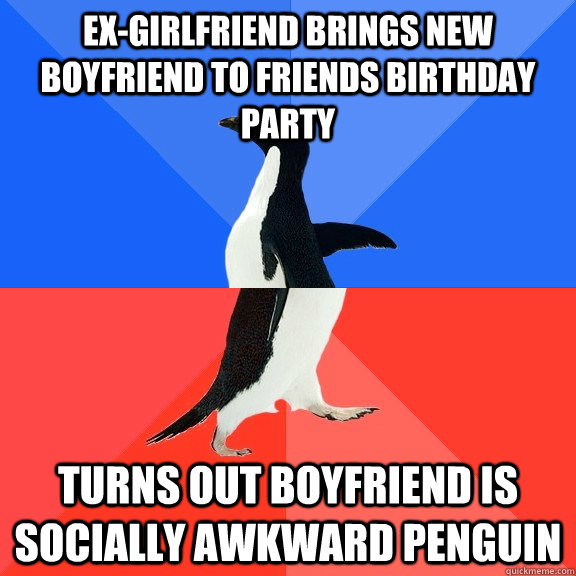 Ex-girlfriend brings new boyfriend to friends birthday party turns out boyfriend is socially awkward penguin - Ex-girlfriend brings new boyfriend to friends birthday party turns out boyfriend is socially awkward penguin  Socially Awkward Awesome Penguin