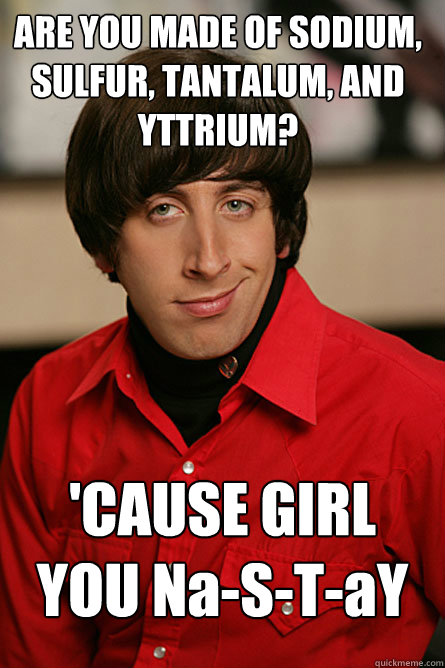 ARE YOU MADE OF SODIUM, SULFUR, TANTALUM, AND YTTRIUM?
 'CAUSE GIRL YOU Na-S-T-aY
  Pickup Line Scientist