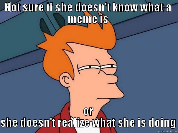 NOT SURE IF SHE DOESN'T KNOW WHAT A MEME IS OR SHE DOESN'T REALIZE WHAT SHE IS DOING Futurama Fry